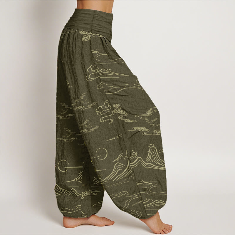 Pure Cotton Mountain Moon Auspicious Clouds Pattern Women's Elastic Waist Harem Pants