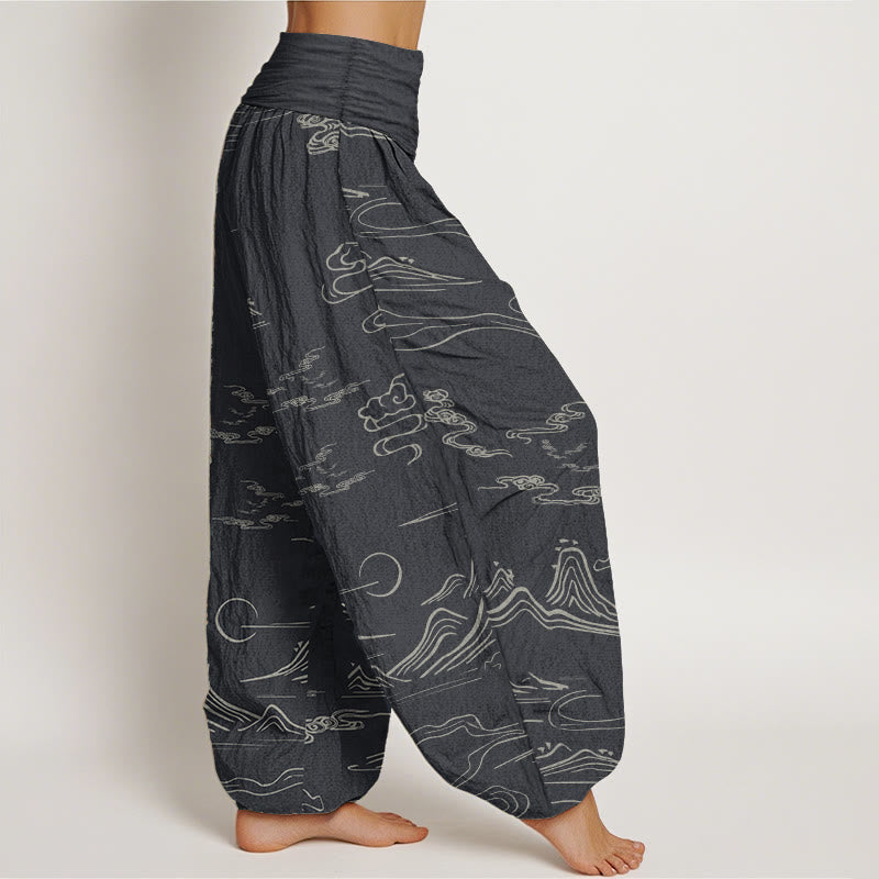 Pure Cotton Mountain Moon Auspicious Clouds Pattern Women's Elastic Waist Harem Pants