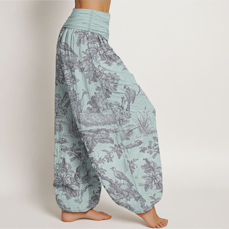 Pure Cotton Birds Trees Branches Pattern Women's Elastic Waist Harem Pants