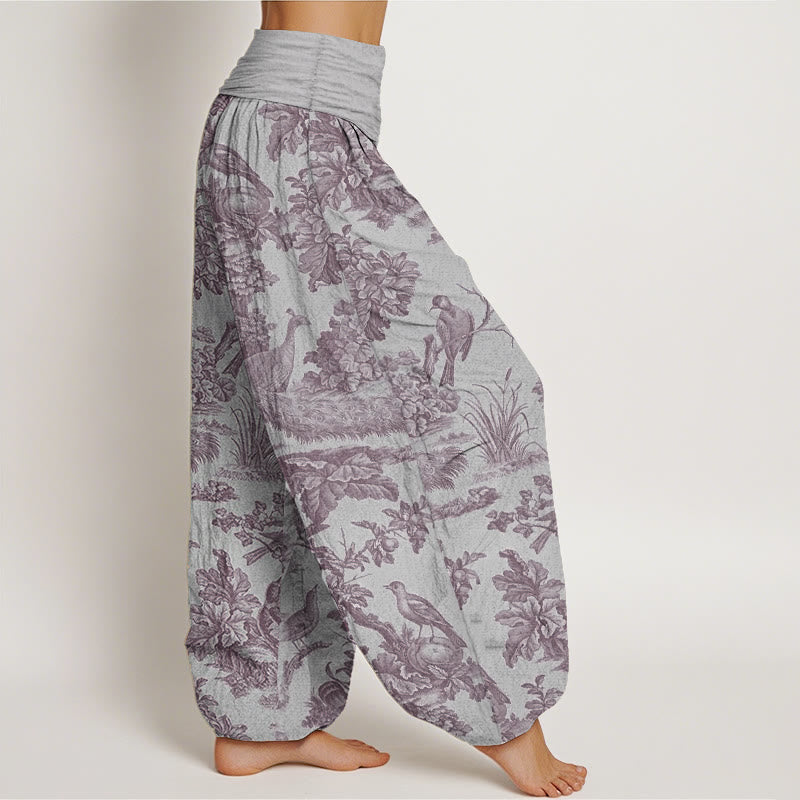 Pure Cotton Birds Trees Branches Pattern Women's Elastic Waist Harem Pants