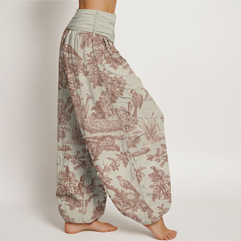 Pure Cotton Birds Trees Branches Pattern Women's Elastic Waist Harem Pants