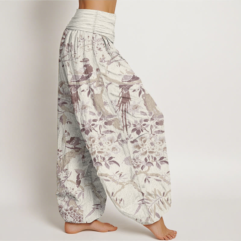 Pure Cotton Birds Branches Flowers Pattern Women's Elastic Waist Harem Pants