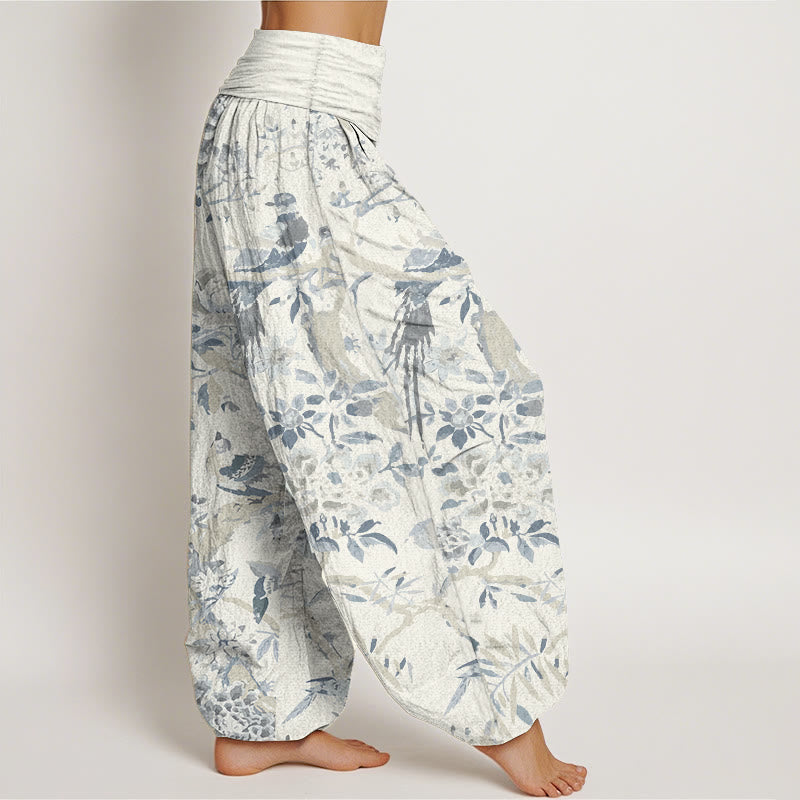 Pure Cotton Birds Branches Flowers Pattern Women's Elastic Waist Harem Pants