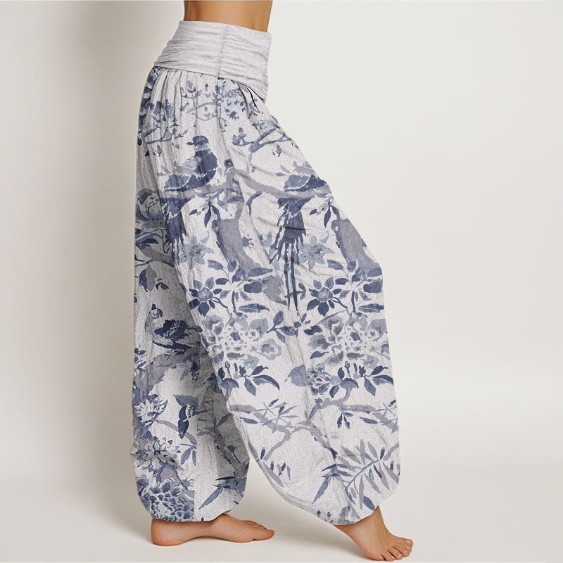 Pure Cotton Birds Branches Flowers Pattern Women's Elastic Waist Harem Pants