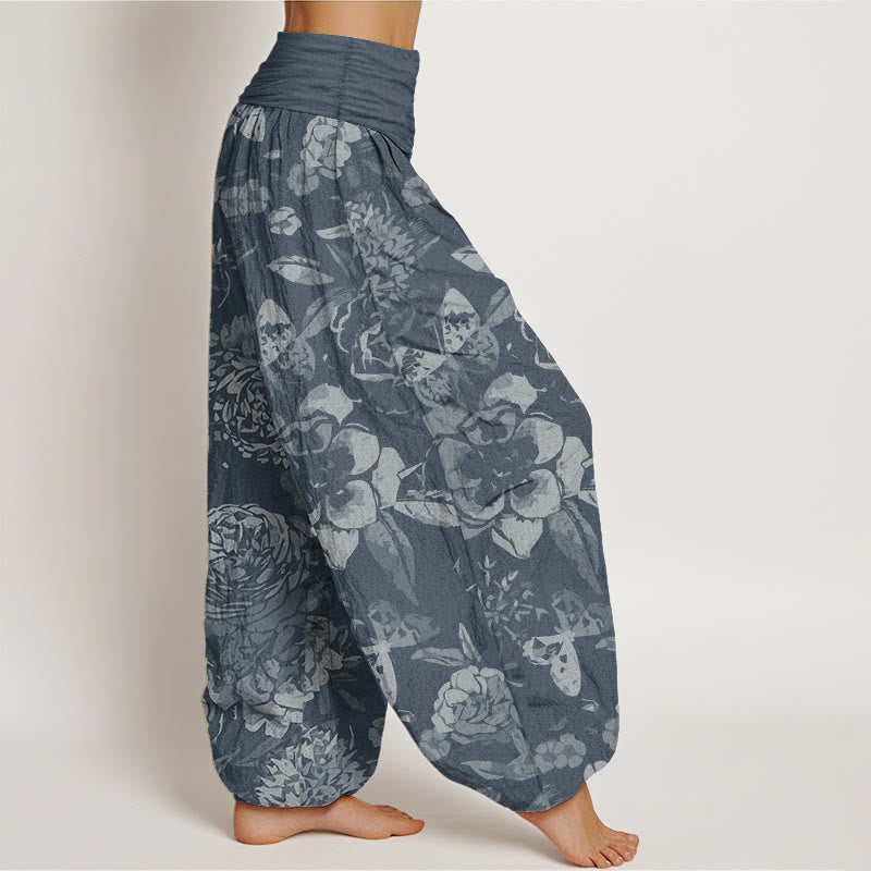 Pure Cotton Casual Peony Flowers Leaves Women's Elastic Waist Harem Pants
