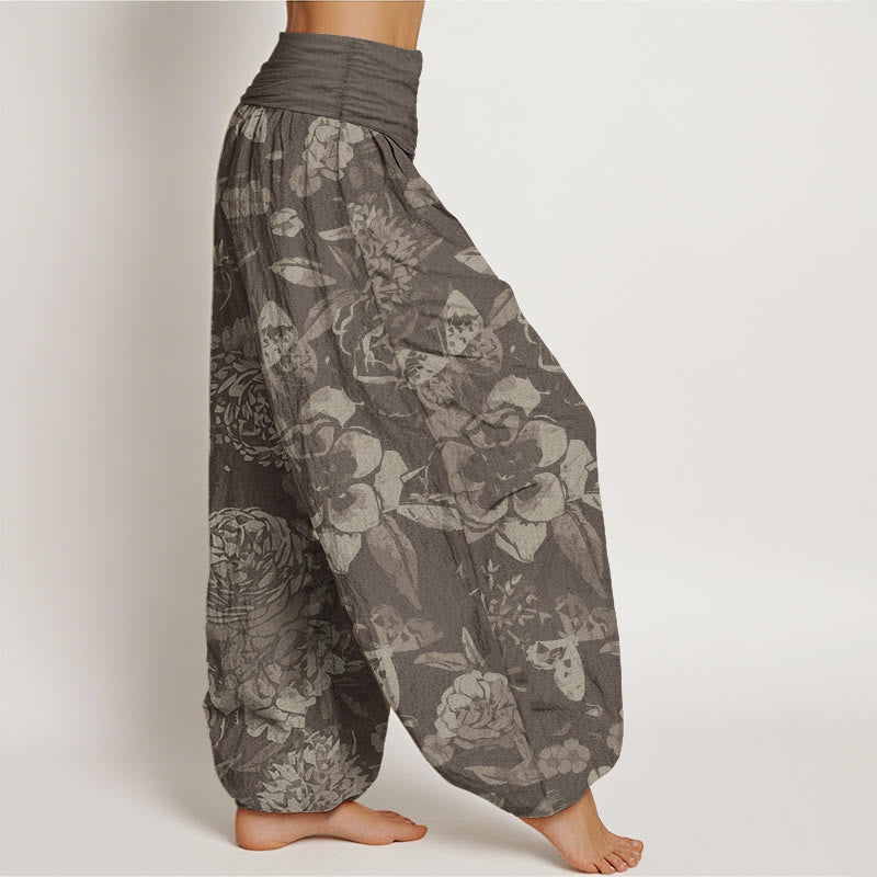 Pure Cotton Casual Peony Flowers Leaves Women's Elastic Waist Harem Pants