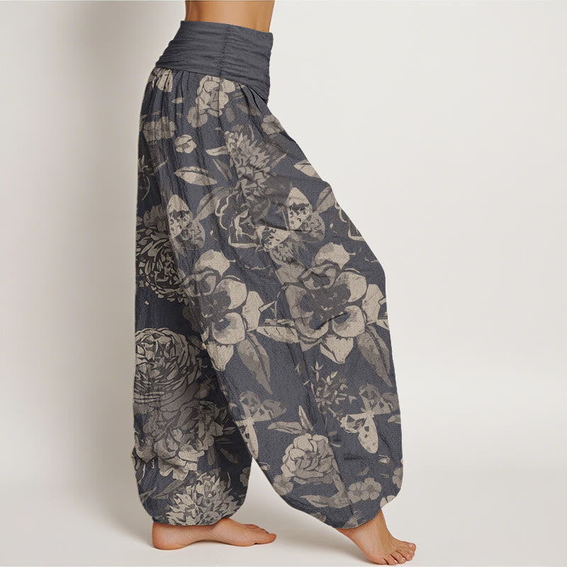 Pure Cotton Casual Peony Flowers Leaves Women's Elastic Waist Harem Pants