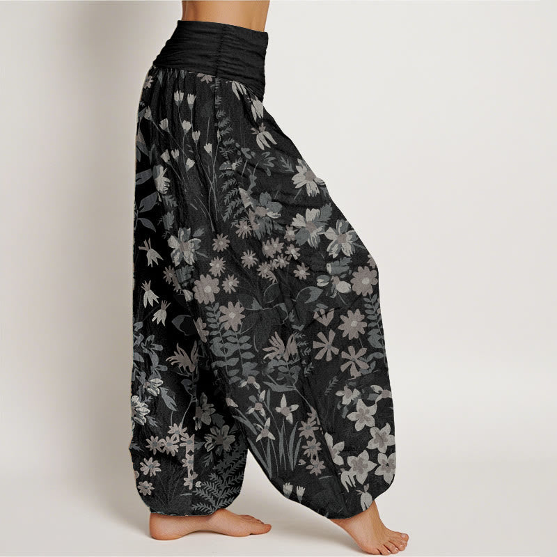 Pure Cotton Casual Daisy Flowers Leaves Design Women's Elastic Waist Harem Pants