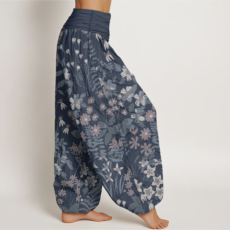 Pure Cotton Casual Daisy Flowers Leaves Design Women's Elastic Waist Harem Pants