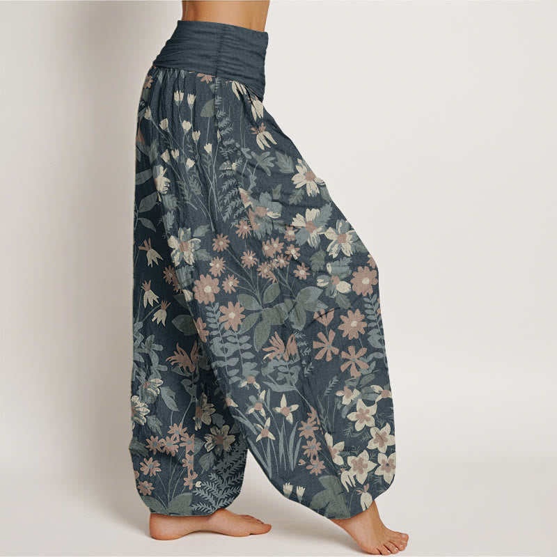Pure Cotton Casual Daisy Flowers Leaves Design Women's Elastic Waist Harem Pants