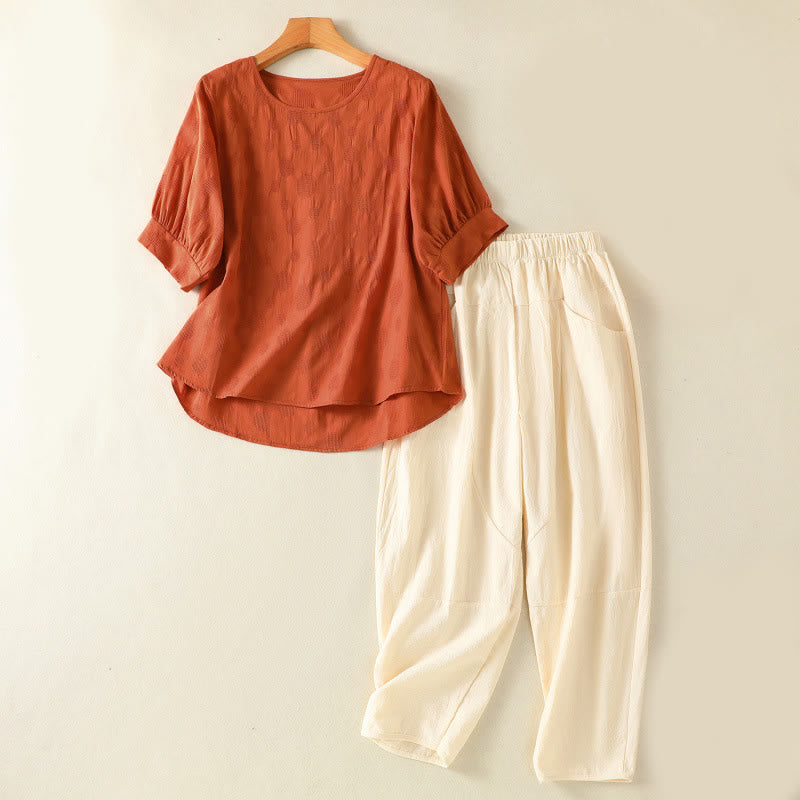 2pcs Plain Women's Short Sleeve Shirt Harem Pants Meditation Clothing Set