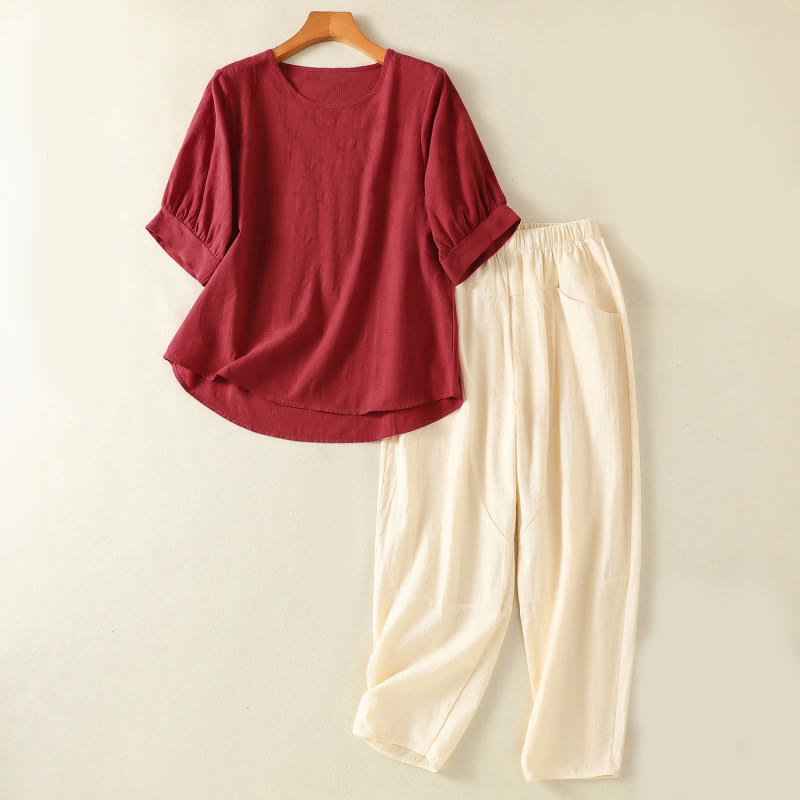 2pcs Plain Women's Short Sleeve Shirt Harem Pants Meditation Clothing Set