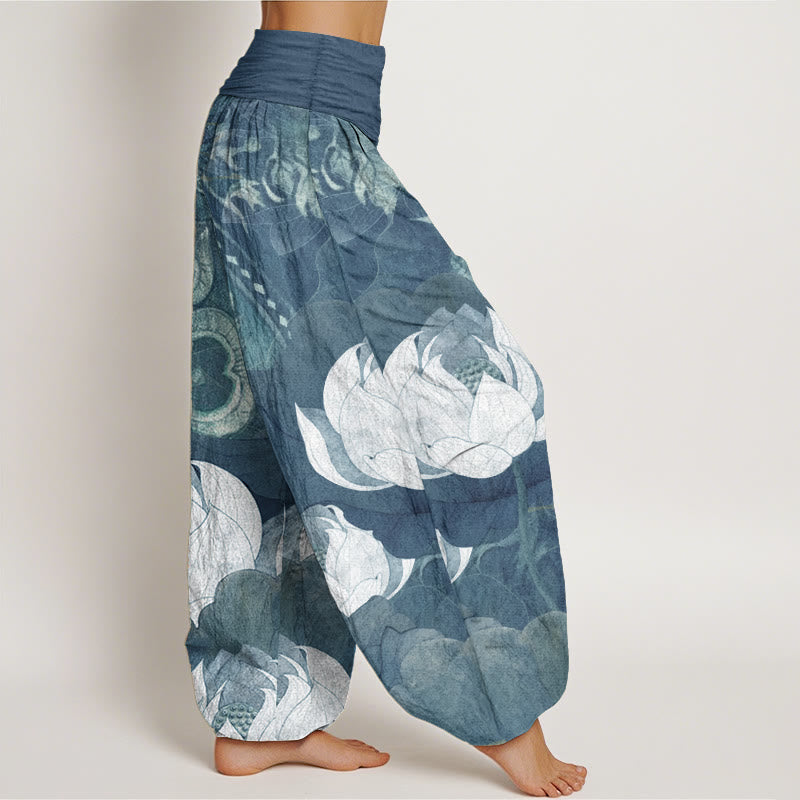 Pure Cotton White Lotus Leaves Pattern Casual Women's Elastic Waist Harem Pants