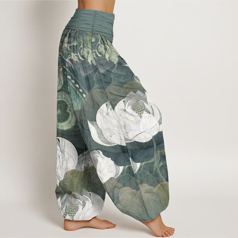 Pure Cotton White Lotus Leaves Pattern Casual Women's Elastic Waist Harem Pants