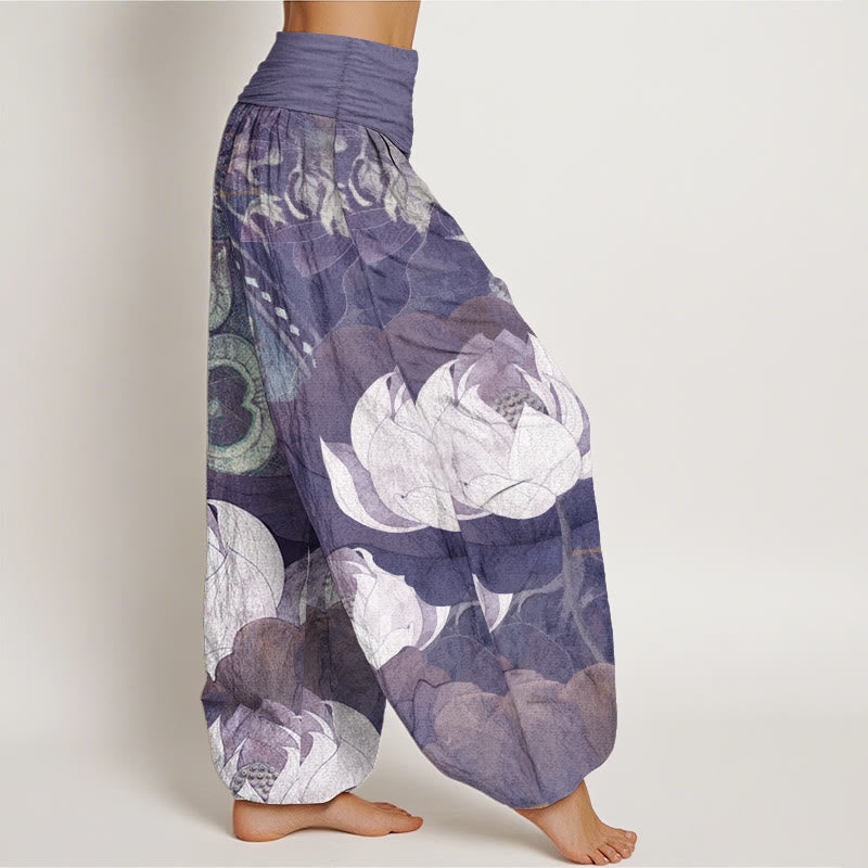 Pure Cotton White Lotus Leaves Pattern Casual Women's Elastic Waist Harem Pants