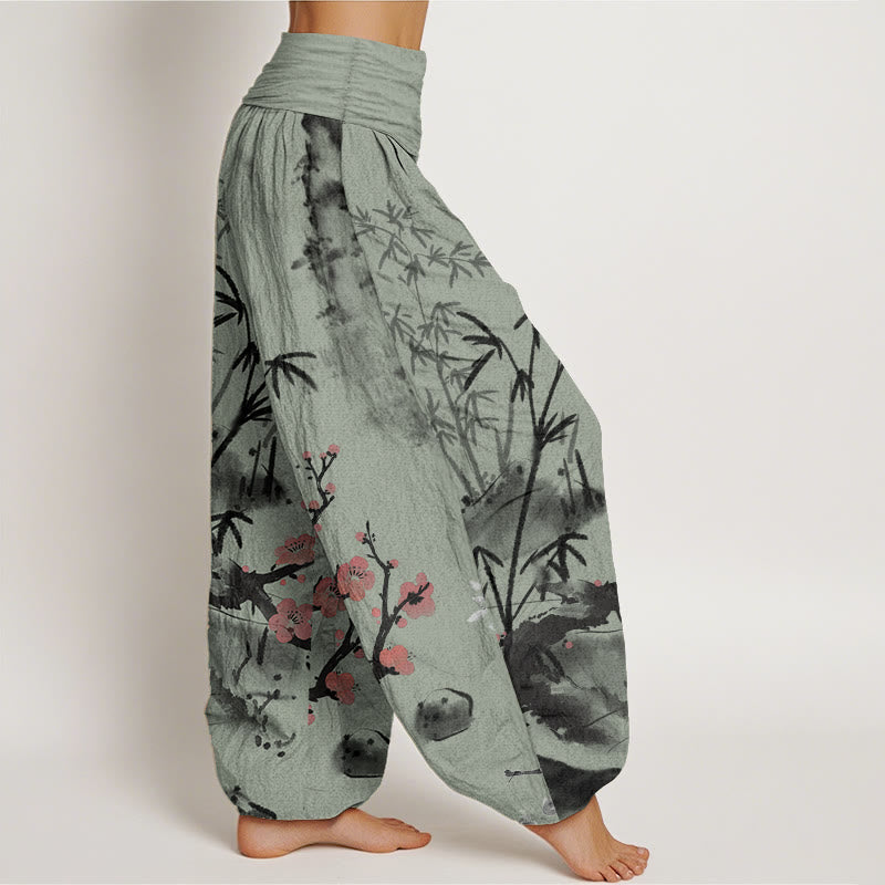 Pure Cotton Plum Blossoms Bamboo Orchids Chrysanthemums Pattern Women's Elastic Waist Harem Pants