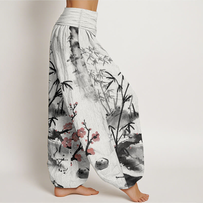 Pure Cotton Plum Blossoms Bamboo Orchids Chrysanthemums Pattern Women's Elastic Waist Harem Pants