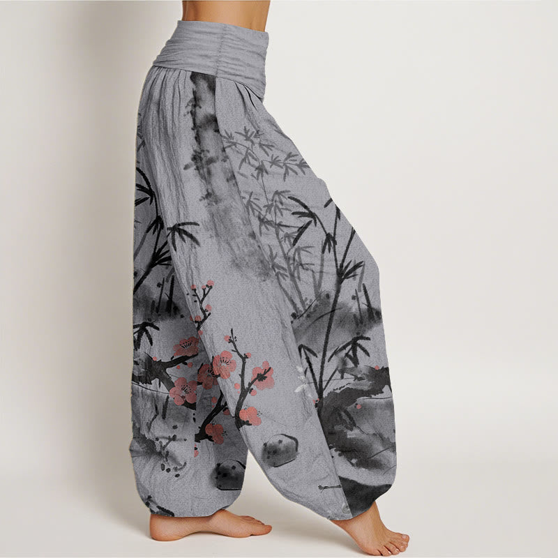 Pure Cotton Plum Blossoms Bamboo Orchids Chrysanthemums Pattern Women's Elastic Waist Harem Pants
