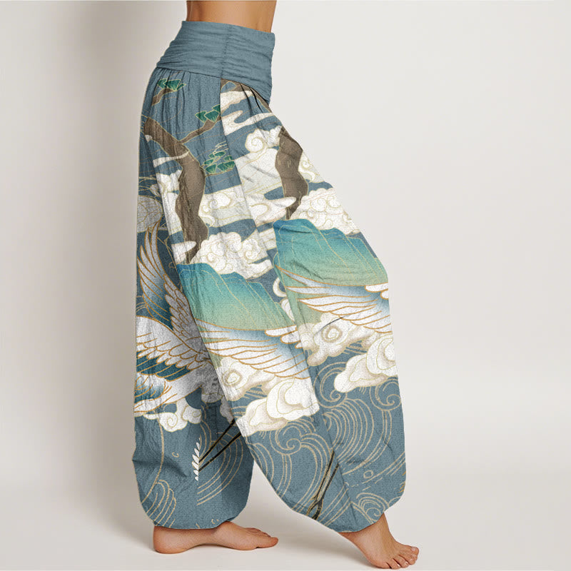 Pure Cotton Flying Cranes Auspicious Clouds Tree women's Elastic Waist Harem Pants