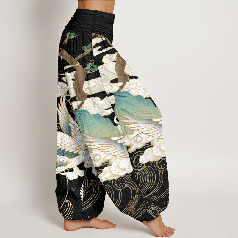 Pure Cotton Flying Cranes Auspicious Clouds Tree women's Elastic Waist Harem Pants