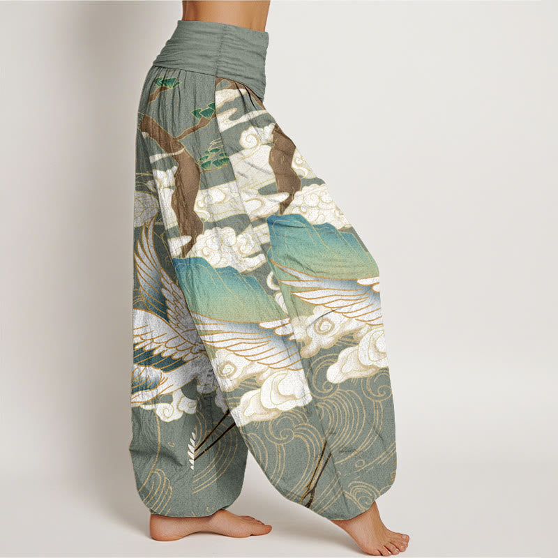 Pure Cotton Flying Cranes Auspicious Clouds Tree women's Elastic Waist Harem Pants