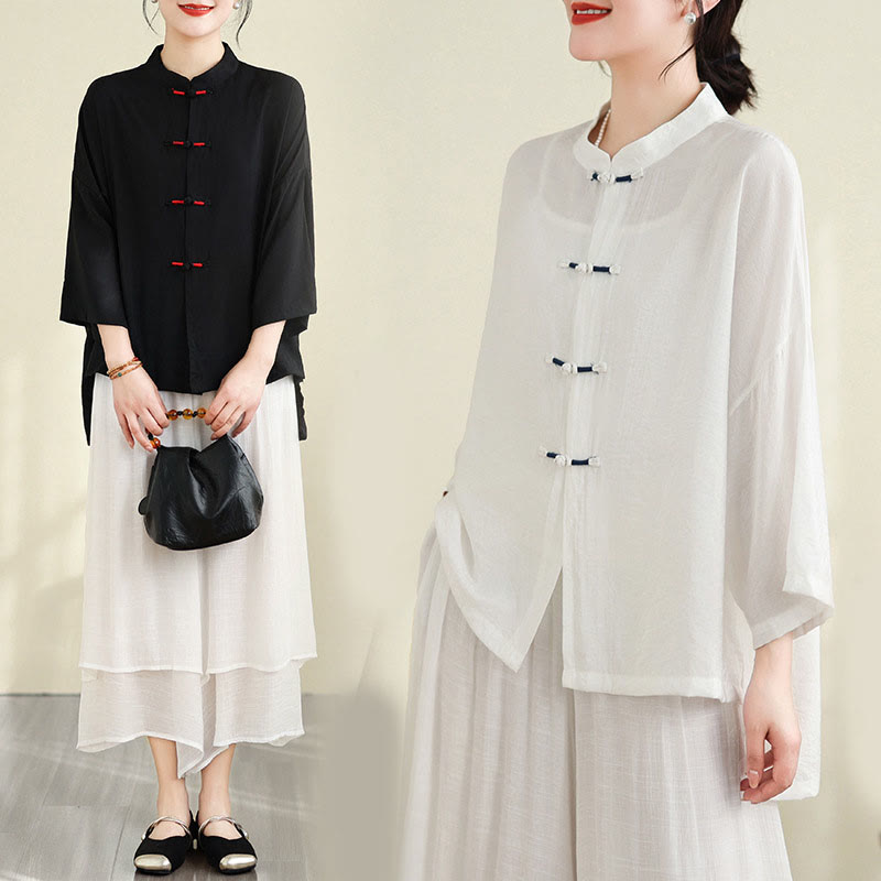 Breathable Cotton-Linen Two-Piece Frog Button Meditation Set