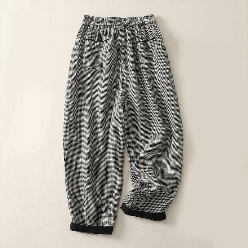 Plaid Pattern Drawstring Women's Cotton Linen Harem Pants With Pockets