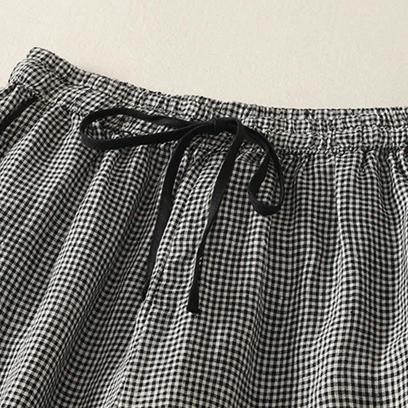 Plaid Pattern Drawstring Women's Cotton Linen Harem Pants With Pockets