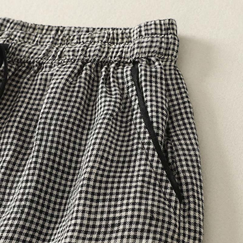 Plaid Pattern Drawstring Women's Cotton Linen Harem Pants With Pockets