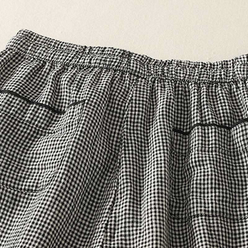 Plaid Pattern Drawstring Women's Cotton Linen Harem Pants With Pockets