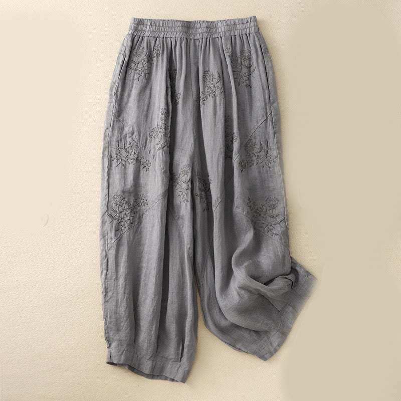 Embroidered Pattern Women's Cotton Linen Harem Pants With Pockets