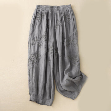 Embroidered Pattern Women's Cotton Linen Harem Pants With Pockets