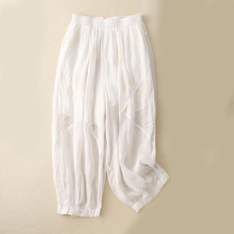 Embroidered Pattern Women's Cotton Linen Harem Pants With Pockets