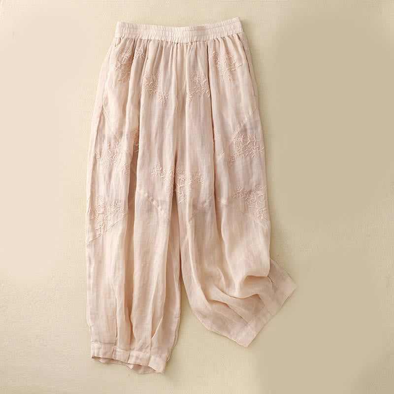 Embroidered Pattern Women's Cotton Linen Harem Pants With Pockets