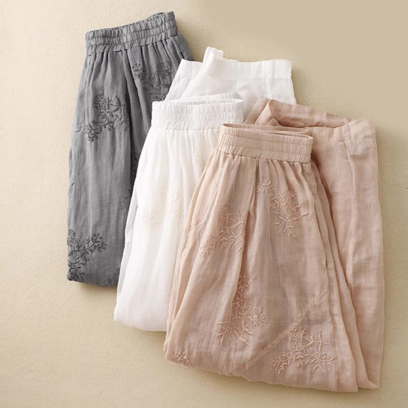 Embroidered Pattern Women's Cotton Linen Harem Pants With Pockets
