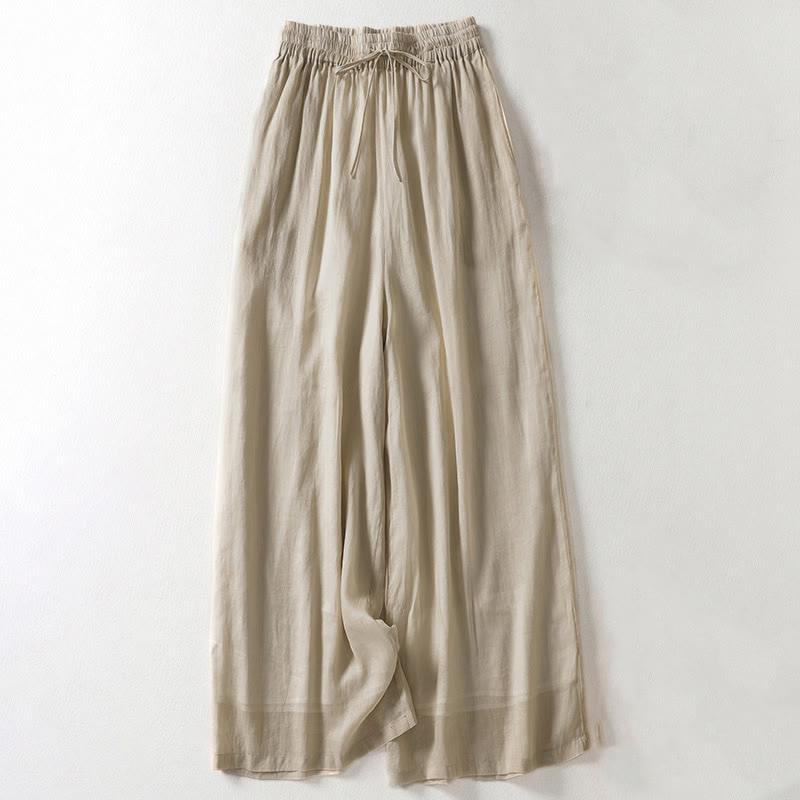 Casual Drawstring Cotton Linen Ankle-Length Women's Wide Leg Pants With Pockets