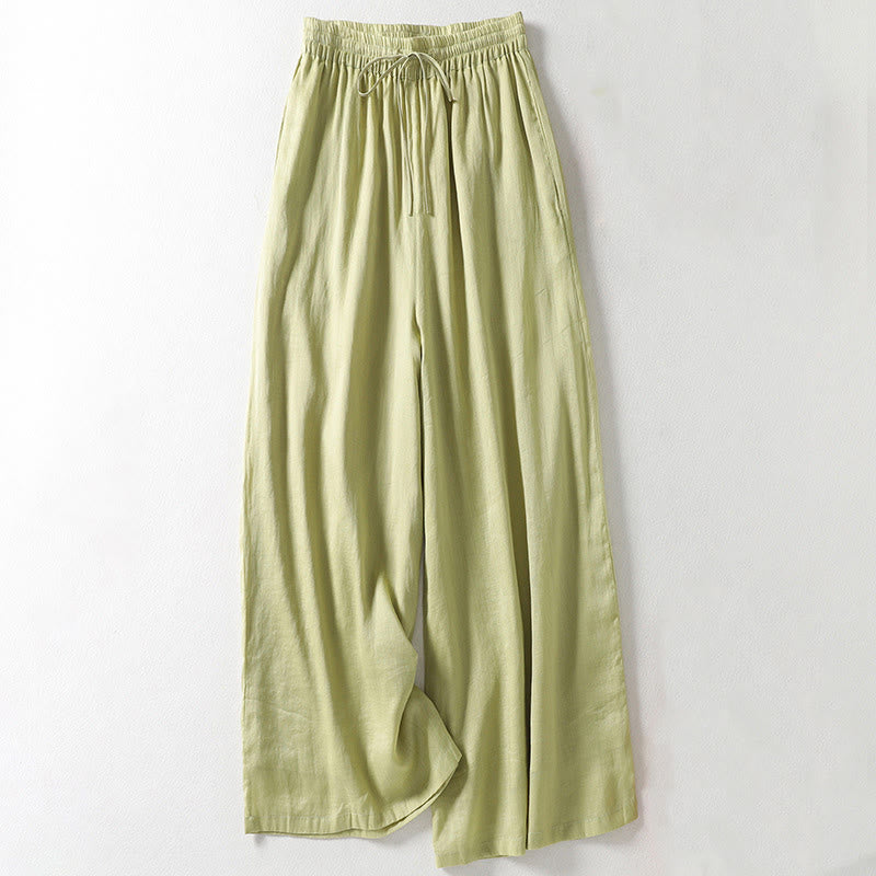 Casual Drawstring Cotton Linen Ankle-Length Women's Wide Leg Pants With Pockets