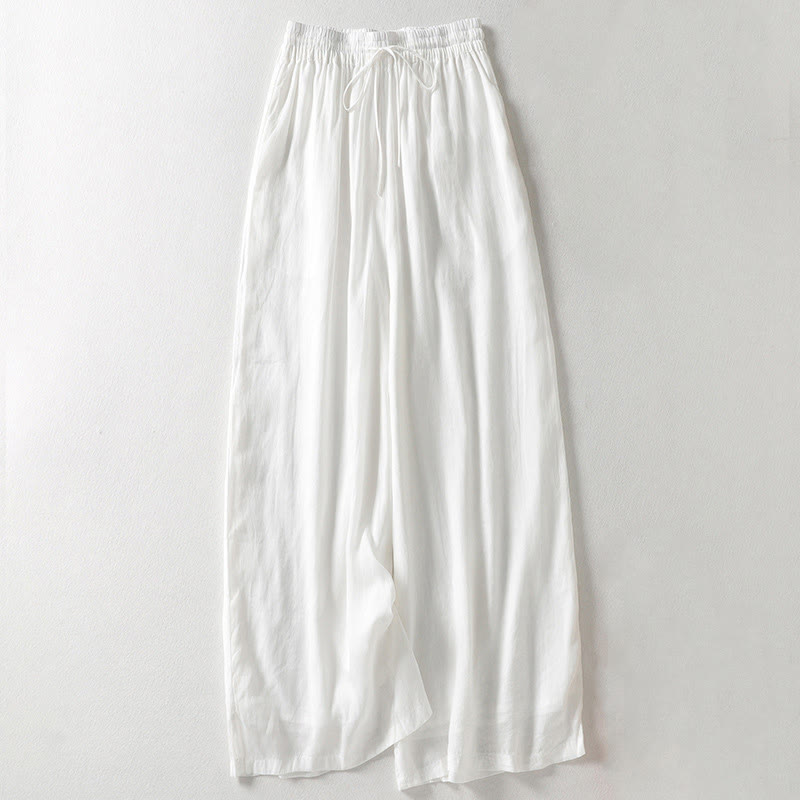 Casual Drawstring Cotton Linen Ankle-Length Women's Wide Leg Pants With Pockets