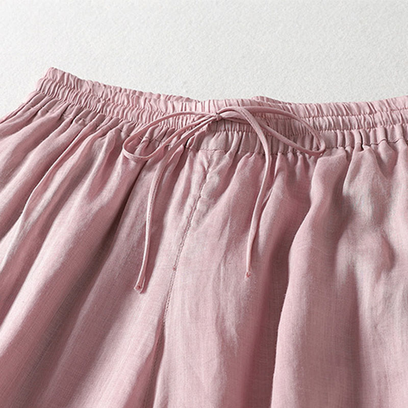 Casual Drawstring Cotton Linen Ankle-Length Women's Wide Leg Pants With Pockets