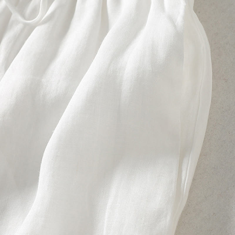 Casual Drawstring Cotton Linen Ankle-Length Women's Wide Leg Pants With Pockets