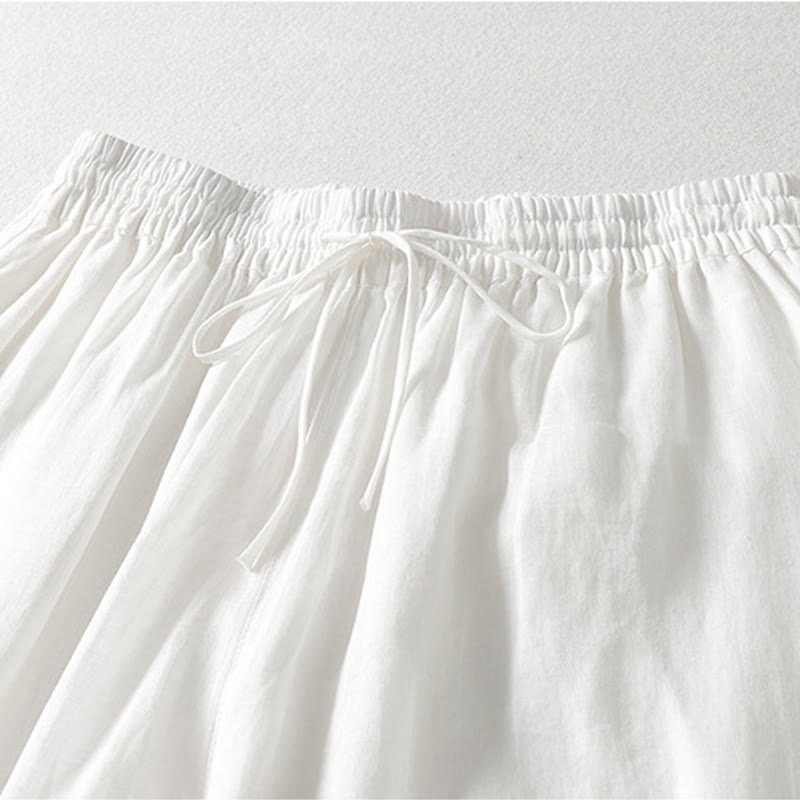Casual Drawstring Cotton Linen Ankle-Length Women's Wide Leg Pants With Pockets