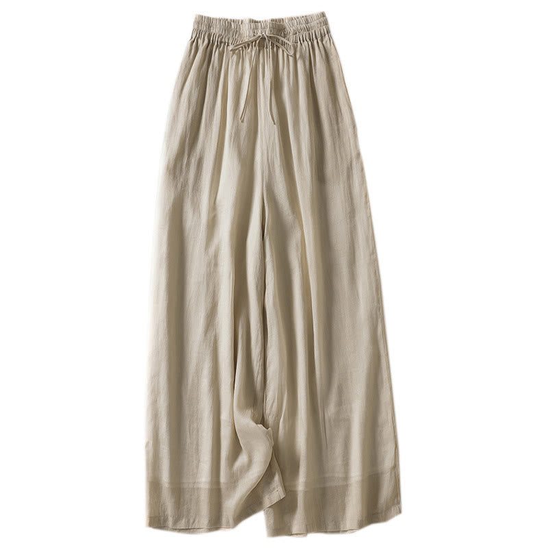 Casual Drawstring Cotton Linen Ankle-Length Women's Wide Leg Pants With Pockets
