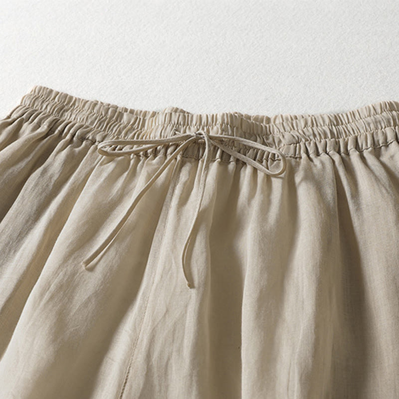 Casual Drawstring Cotton Linen Ankle-Length Women's Wide Leg Pants With Pockets