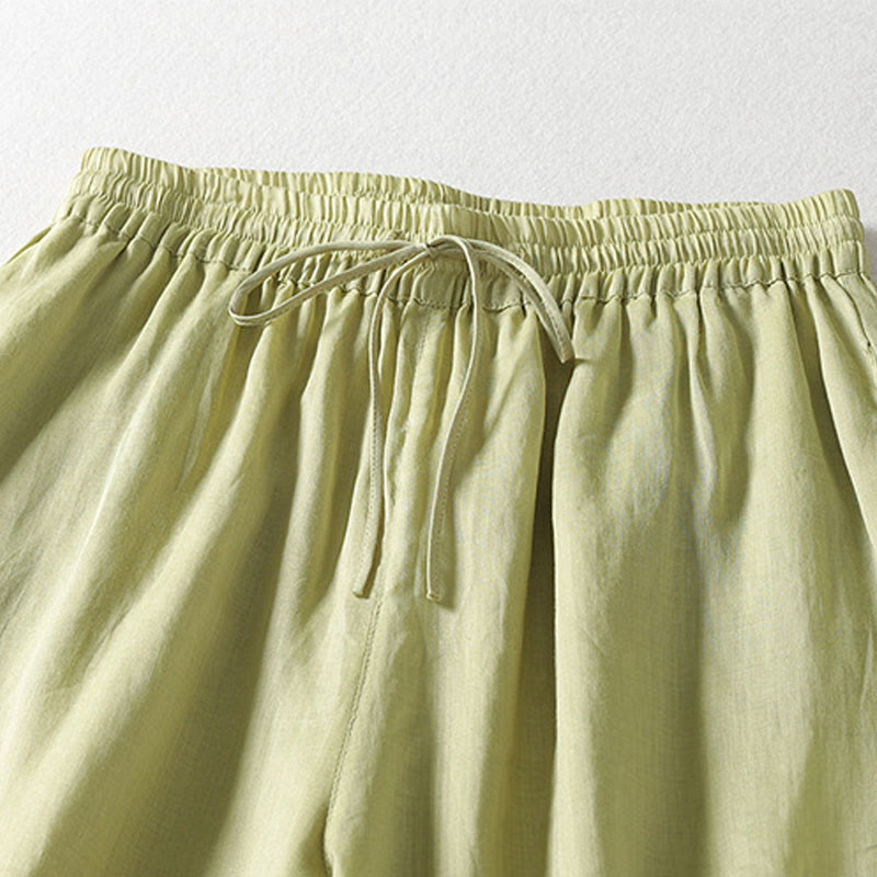 Casual Drawstring Cotton Linen Ankle-Length Women's Wide Leg Pants With Pockets