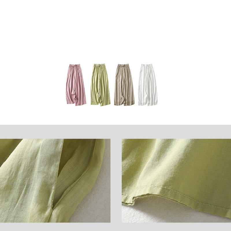 Casual Drawstring Cotton Linen Ankle-Length Women's Wide Leg Pants With Pockets