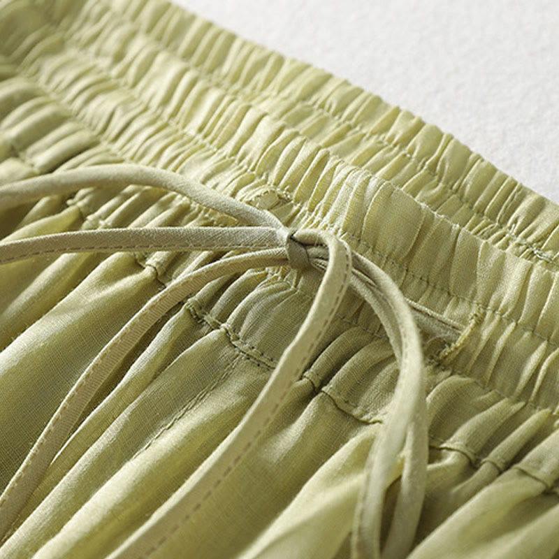 Casual Drawstring Cotton Linen Ankle-Length Women's Wide Leg Pants With Pockets