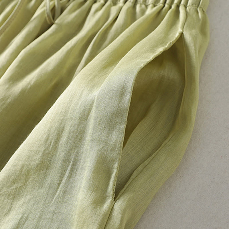 Casual Drawstring Cotton Linen Ankle-Length Women's Wide Leg Pants With Pockets