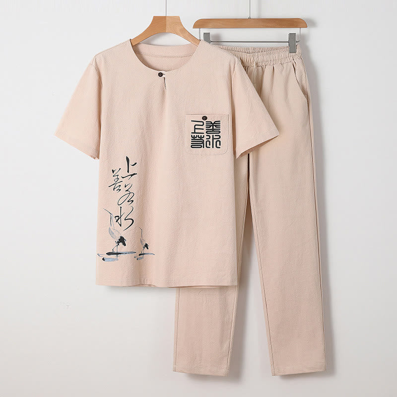 Minimalist Cotton Crane Meditation Shirt and Pants Set