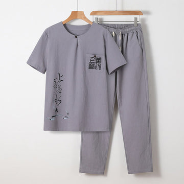 Minimalist Cotton Crane Meditation Shirt and Pants Set