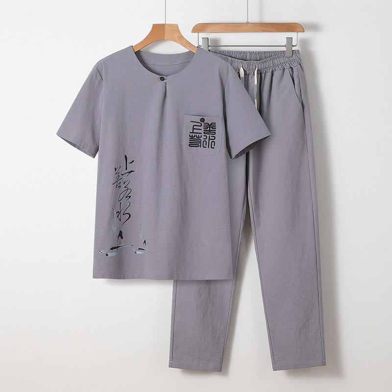 Minimalist Cotton Crane Meditation Shirt and Pants Set
